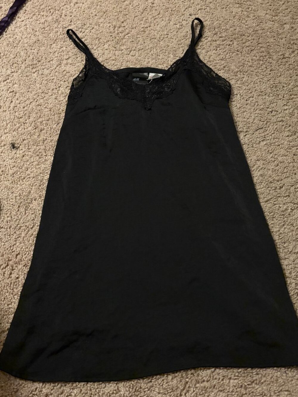 HM womens black slip lace detail night gown slip dress size small S mini satin